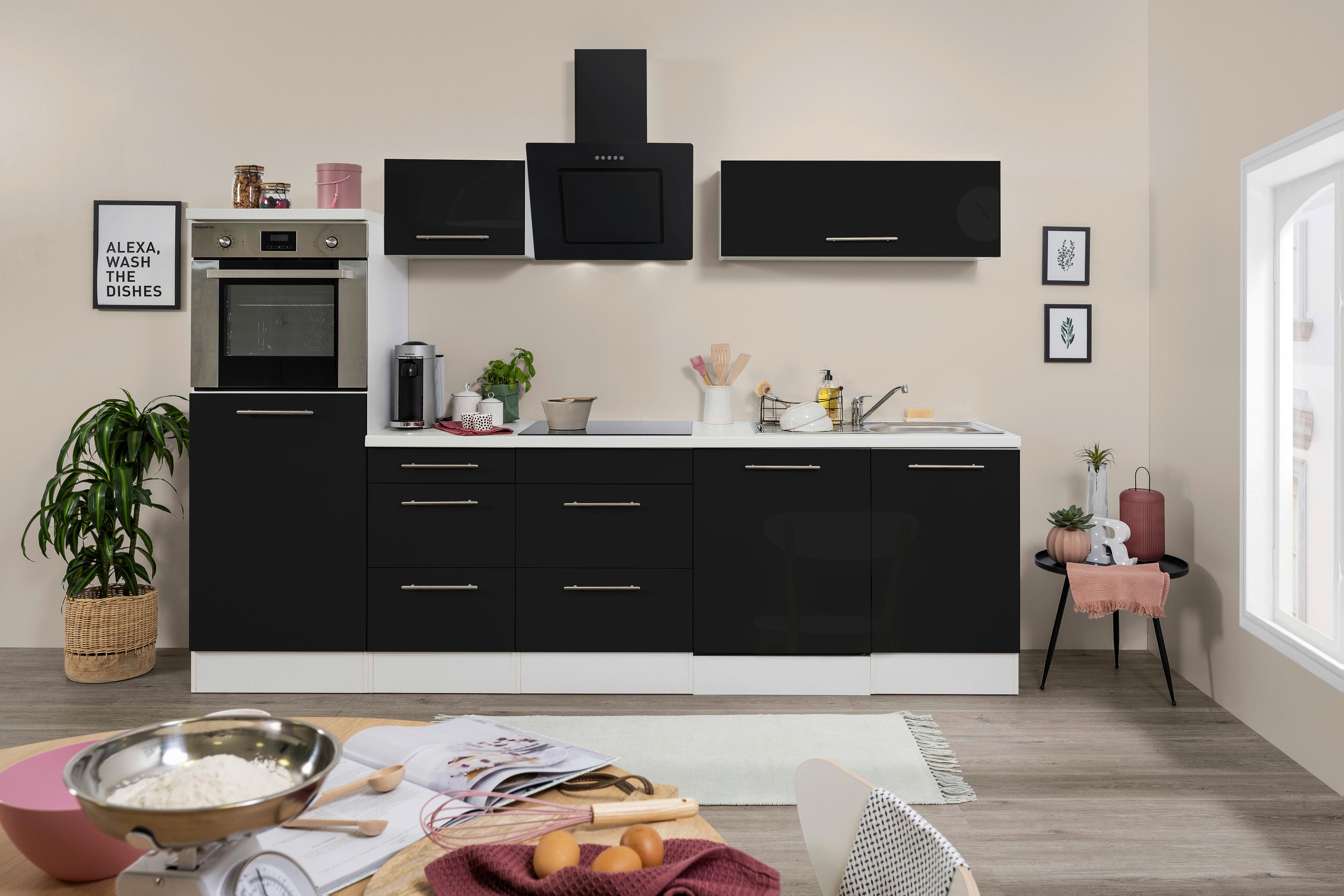 Küchenzeile Mit Geräten 280 Cm Schwarz Hochglanz/weiß - Schwarz/Weiß, KONVENTIONELL, Holzwerkstoff (280cm) - Respekta