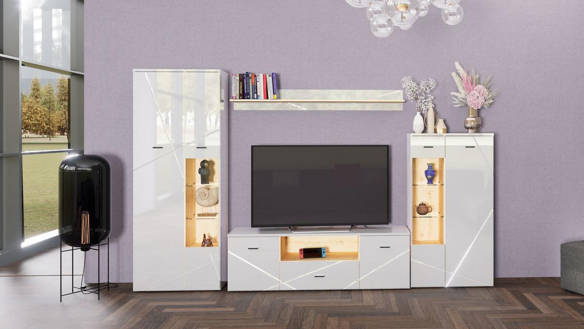 Wohnwand Modern 4 Tlg. Mit Led Storm, Weiß - Eichefarben/Schwarz, MODERN, Glas/Holzwerkstoff (340/196/40cm) - MID.YOU