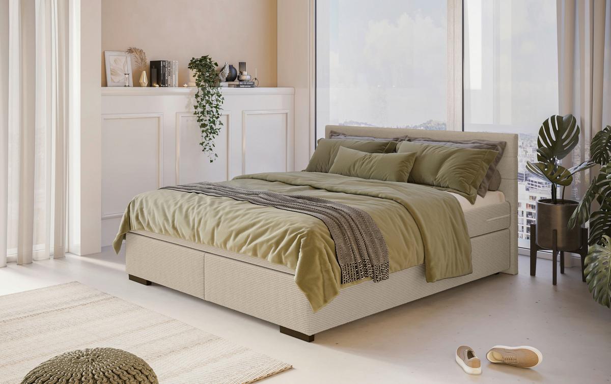 Boxspringbett mit Topper 180x200 cm Mammut, Creme - Creme/Schwarz, KONVENTIONELL, Holzwerkstoff/Textil (180/200cm) - MID.YOU