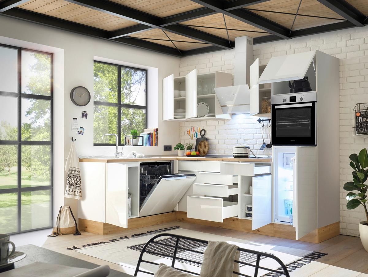 Eckküche Mit Geräten 280x170 Cm Weiß/eiche Dekor, Modern - Weiß Hochglanz/Weiß, LIFESTYLE, Holzwerkstoff (280/170cm) - Respekta