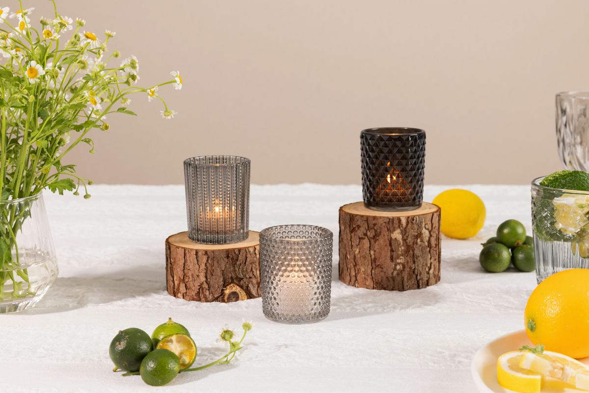 Teelichtglas Nathalie - Hellgrau/Schwarz, KONVENTIONELL, Glas (5,4/6,4cm) - Luca Bessoni