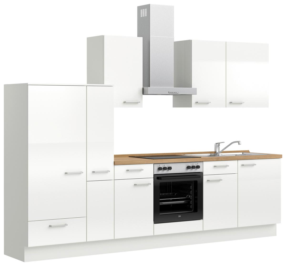 Kuchyňská linka 300 cm, alpská bílá vysoký lesk - barvy dubu/vysoce lesklá bílá, Moderní, kov/kompozitní dřevo (300cm) - Nobilia