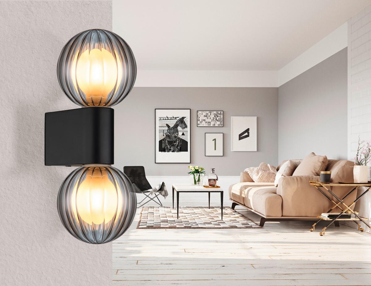 Badezimmer-Wandleuchte 41928-2 - Schwarz, KONVENTIONELL, Glas/Metall (26,5/10/12cm) - Globo