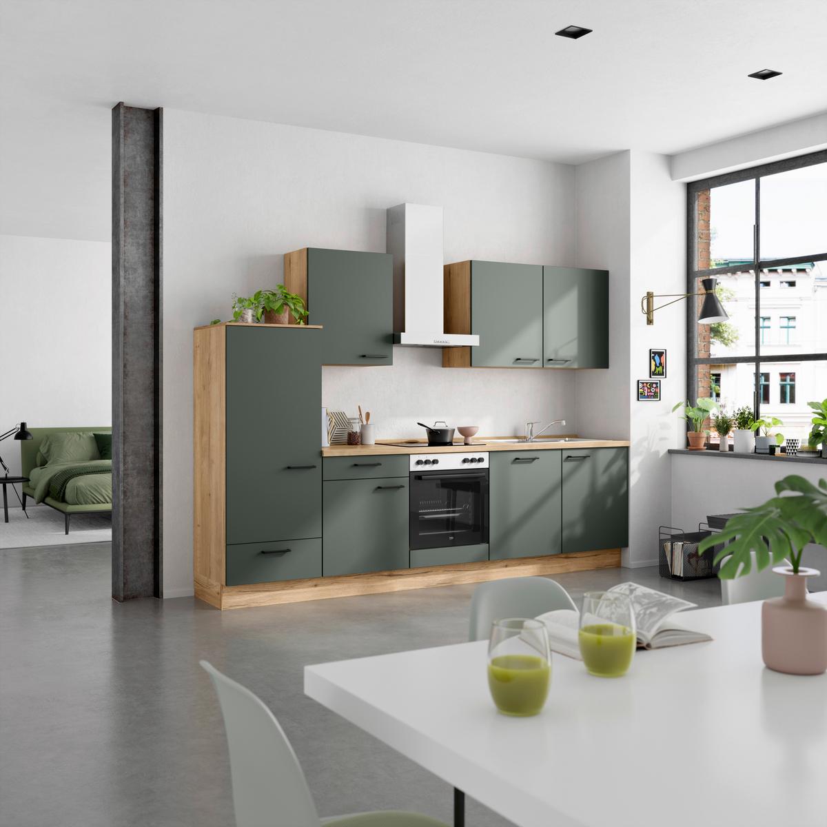 Küchenleerblock Easytouch Low-Line, L10 Links - Dunkelgrün/Eichefarben, MODERN, Holzwerkstoff (300cm) - Nobilia