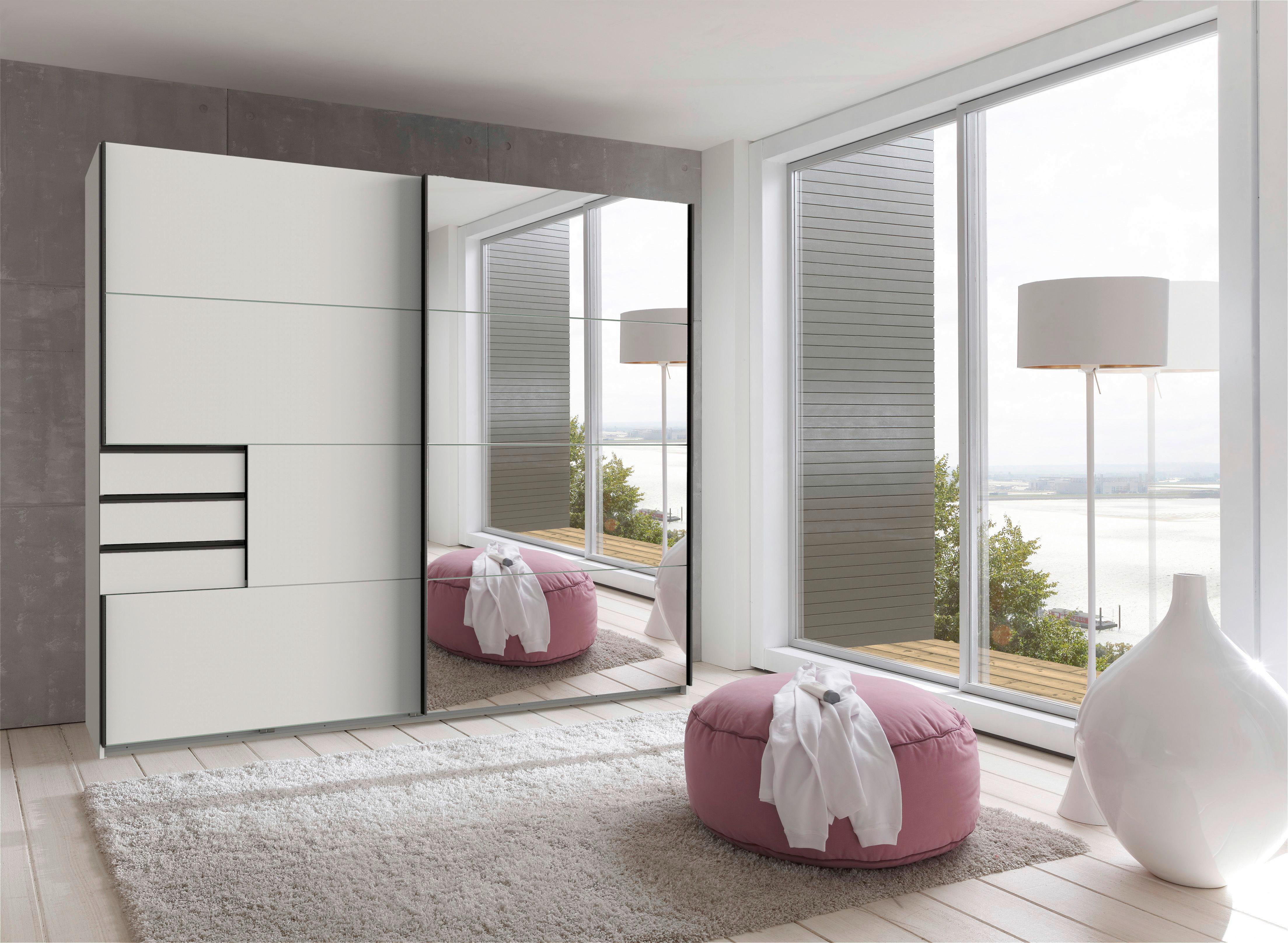 Skříň s posuv. dveřmi SAIGON bílá/zrcadlo, š. 225 cm - bílá/černá, Konvenční, kov/kompozitní dřevo (225/208/64cm) - Premium Living