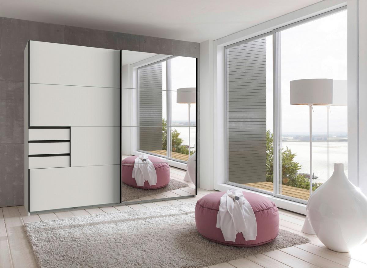 Skříň s posuv. dveřmi SAIGON bílá/zrcadlo, š. 225 cm - bílá/černá, Konvenční, kov/kompozitní dřevo (225/208/64cm) - Premium Living