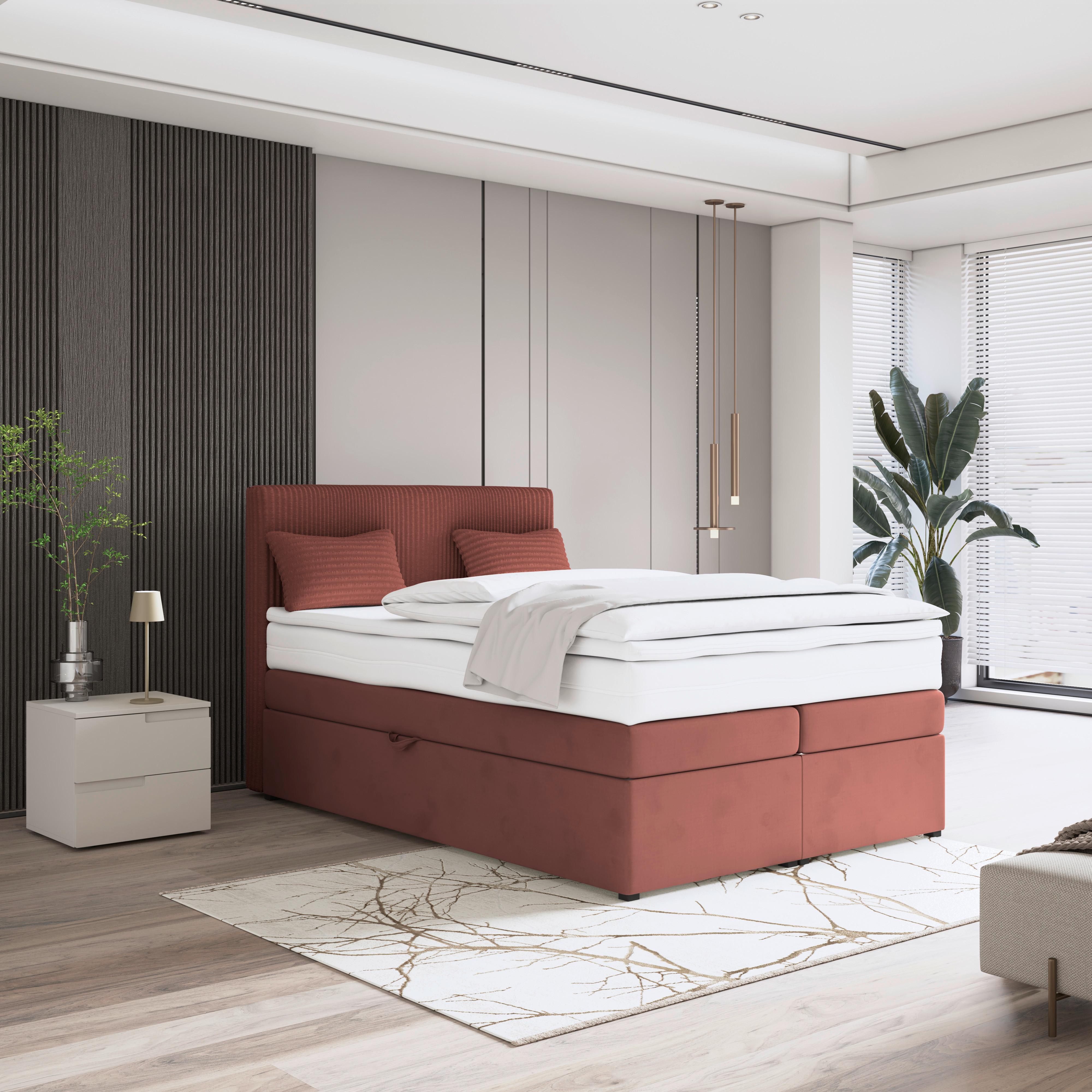 Boxspringbett mit Topper & Bettkasten 140x200 Rossa - Altrosa/Schwarz, MODERN, Holzwerkstoff/Textil (140/200cm)
