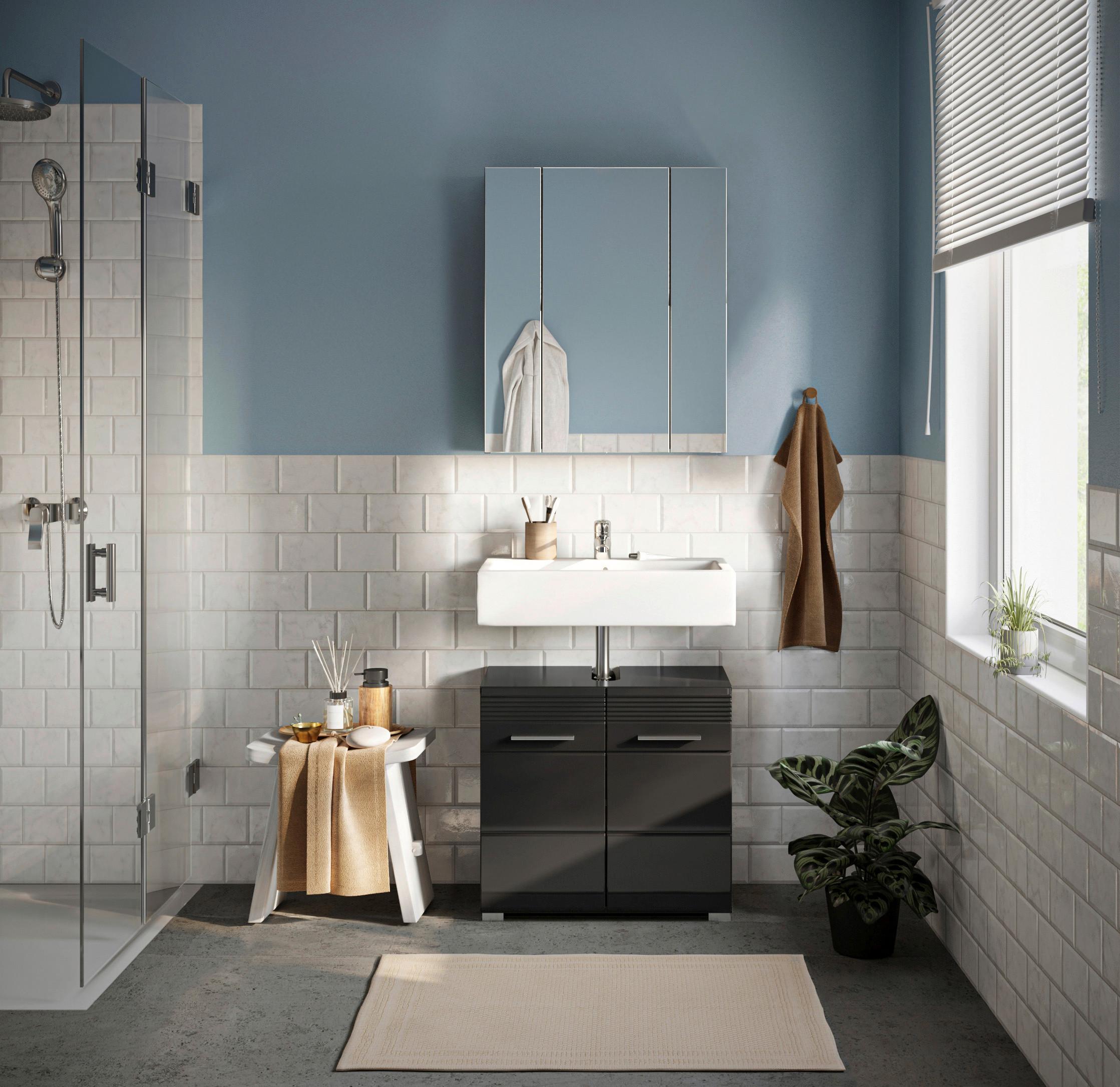 Badezimmer Linus Schwarz Hochglanz B:60cm - Schwarz Hochglanz/Silberfarben, MODERN, Glas/Holzwerkstoff (60cm) - MID.YOU