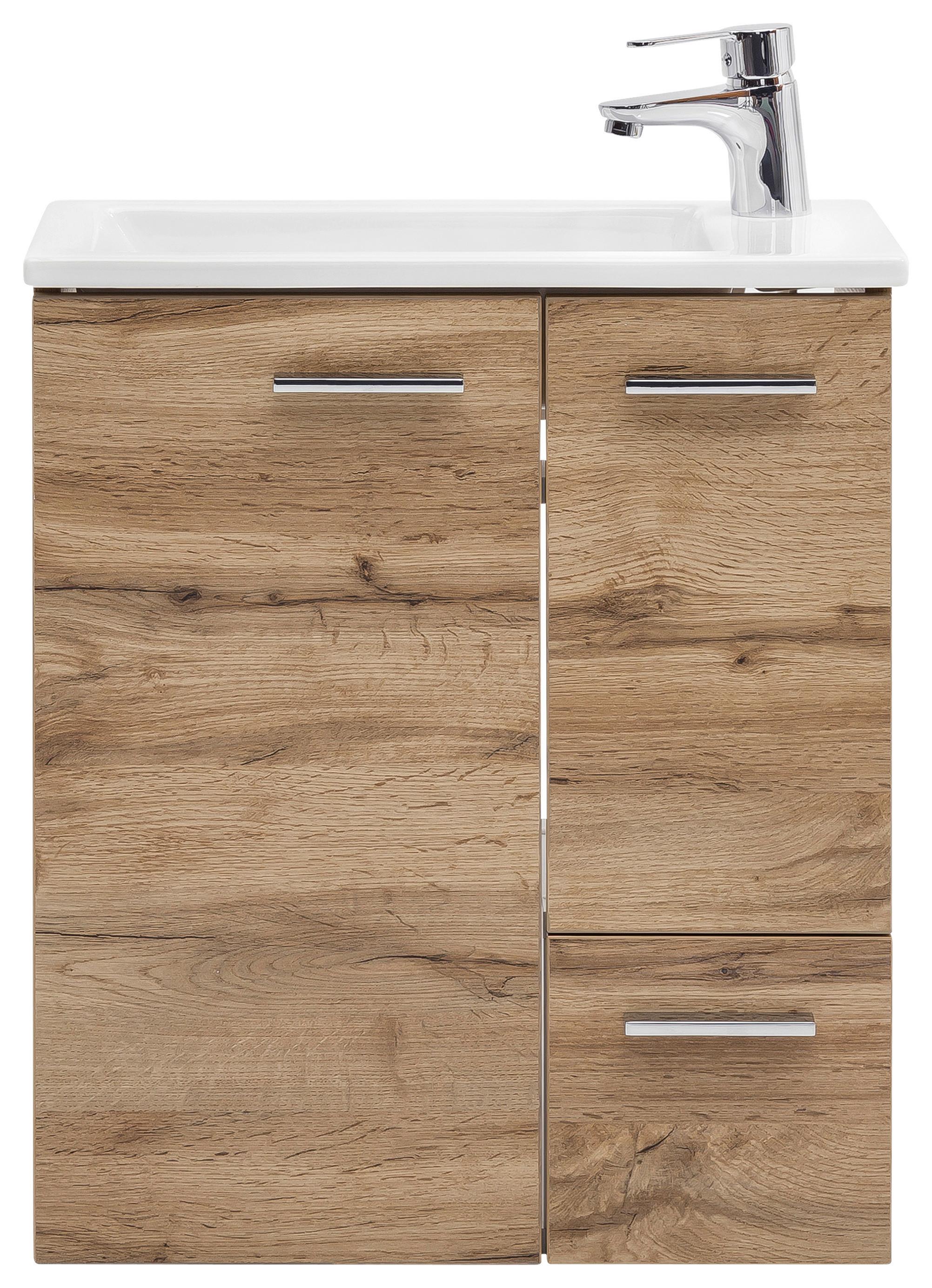 Waschtischkombi Matteo B: Ca. 50 Cm Eiche Dekor - Eichefarben/Weiß Hochglanz, MODERN, Keramik/Holzwerkstoff (50cm) - MID.YOU