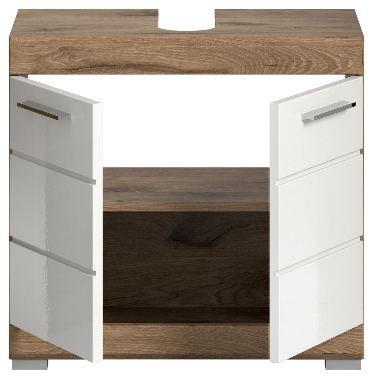 Waschbeckenunterschrank  Wave Eichefarben Dekor Weiß Hg - Weiß Hochglanz/Eichefarben, MODERN, Holzwerkstoff (60/56/34cm) - MID.YOU