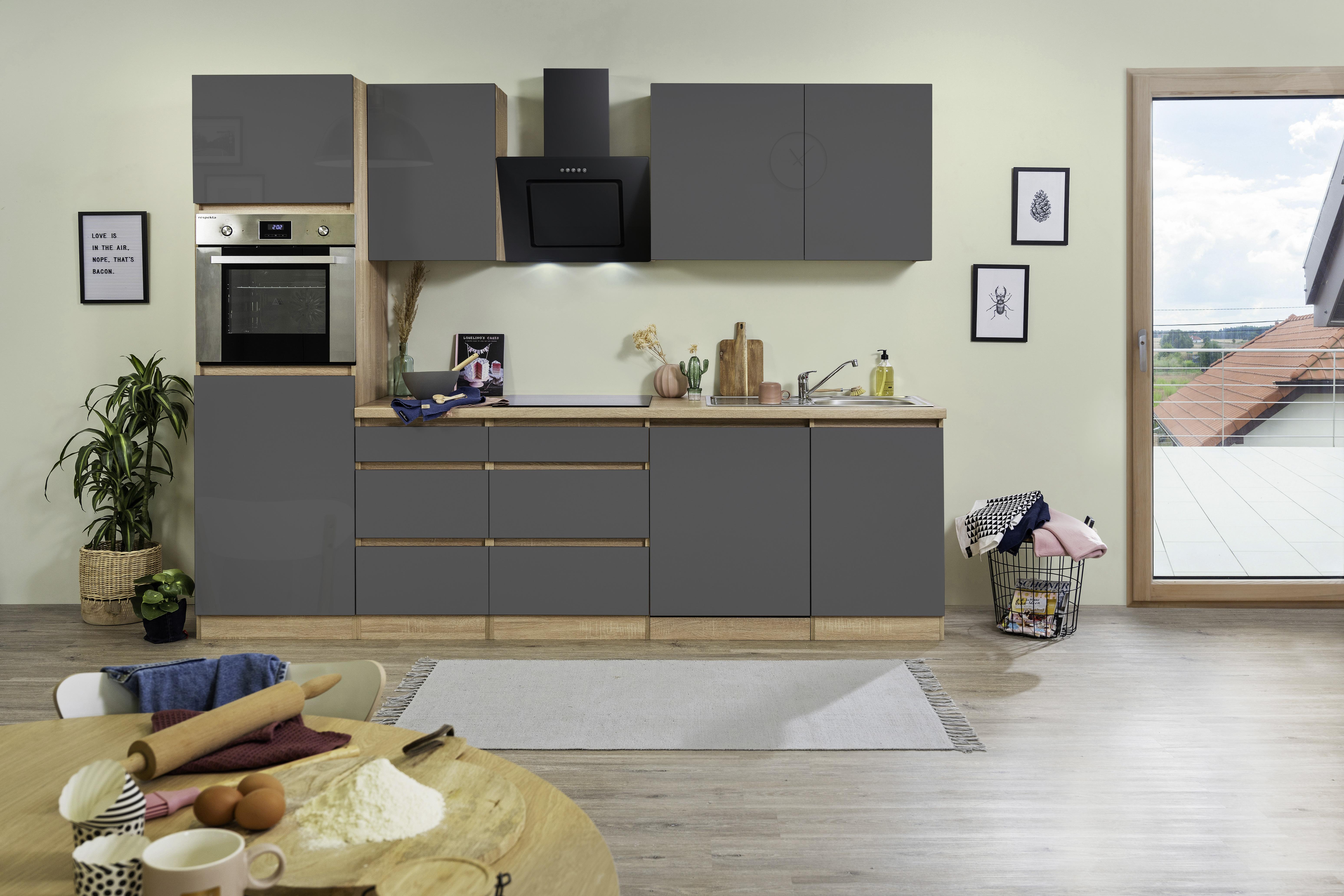 Küchenzeile Premium mit Geräten 280 cm Grau/Eiche Dekor Modern - Eichefarben/Grau, MODERN, Holzwerkstoff (280cm) - Respekta