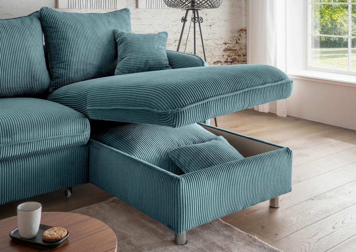 Eckschlafsofa Lauritio Petrol S: 254x160 cm - Chromfarben/Petrol, MODERN, Textil (254/160cm) - Livetastic