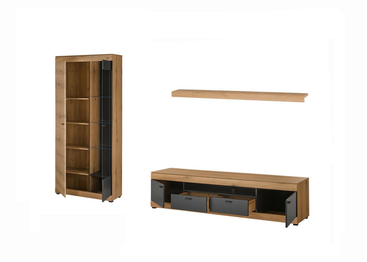 Wohnwand Soleto Graphit/Eichefarben B: 300cm - Eichefarben/Schwarz, Design, Glas/Holzwerkstoff (300/201/45cm) - MID.YOU