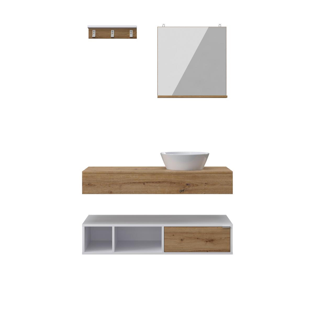 Koupelna Wick 5 -dílná přírodní/bílá - bílá/přírodní barvy, Moderní, kov/kompozitní dřevo - Bessagi Home