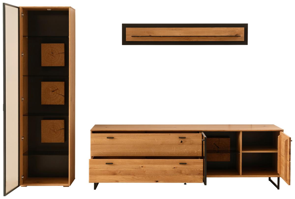 Wohnwand Assini 3-Teilig Wildeiche B: 286 cm - Wildeiche/Schwarz, Design, Glas/Holz (286/206/50cm) - MID.YOU