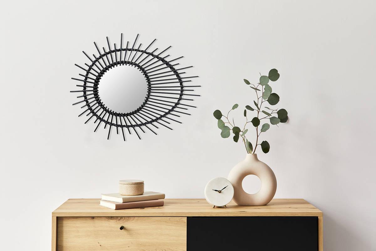 Wandspiegel Aina 58x47 cm mit Rattan Rahmen - Schwarz, Trend, Glas/Holz (58/47/2cm) - Kayoom