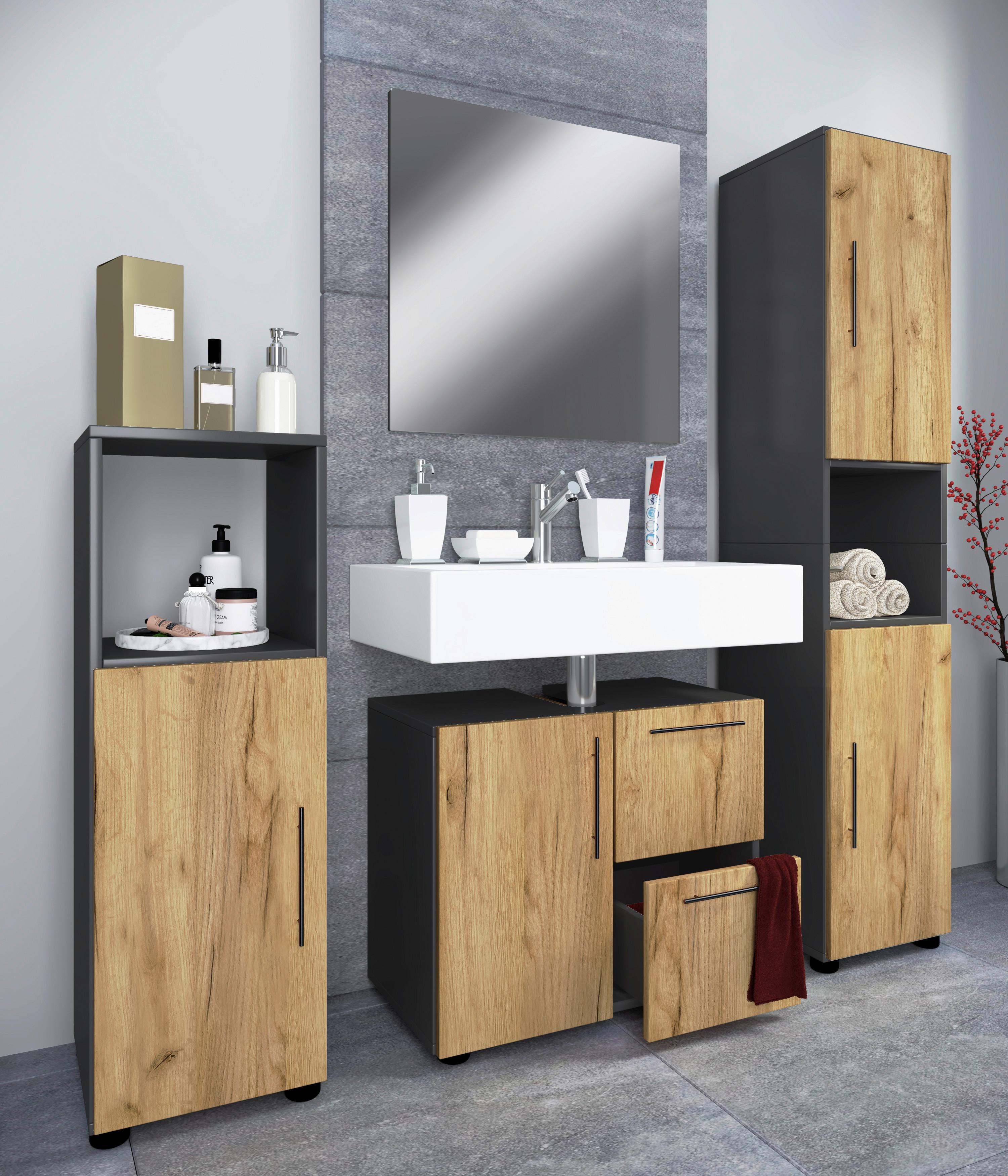 Badmöbel-Set 3-Tlg. Flandu 123 cm Eiche Dekor - Honigeiche/Anthrazit, MODERN, Holzwerkstoff (123cm) - MID.YOU