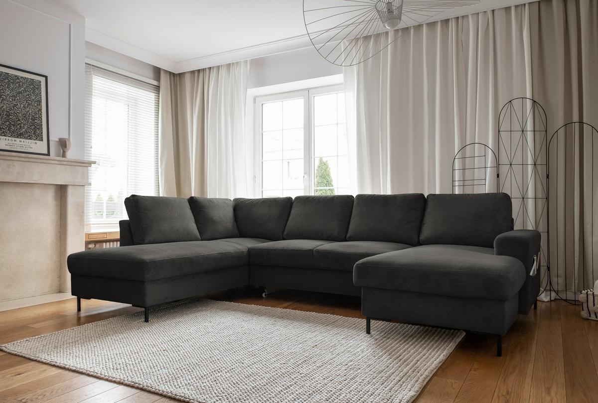 Sedačka LEONIE U, ľavá, sivý menčester - čierna/sivá, Design, kov/drevo (197/303/148cm)