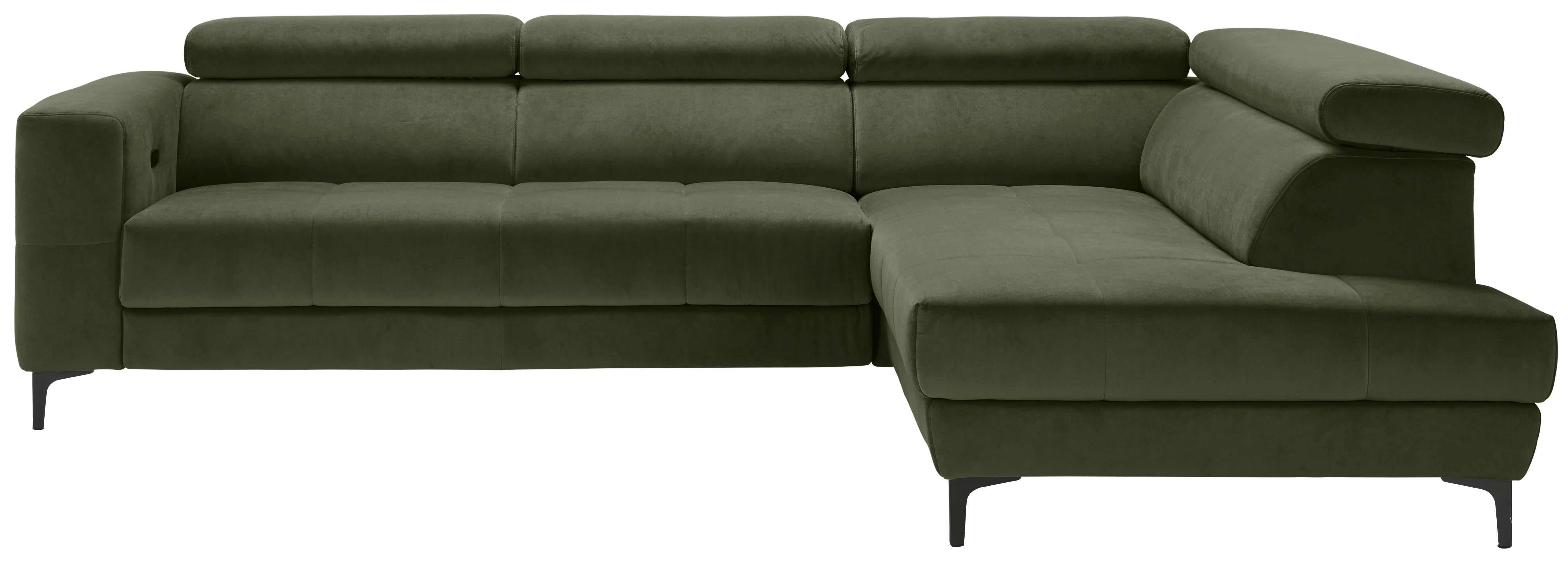 Rohová sedačka EMMA, pravá, oliv.zel.,op.hl.,USB,el.výsuv - černá/olivově zelená, Moderní, textil (301/210cm) - Premium Living