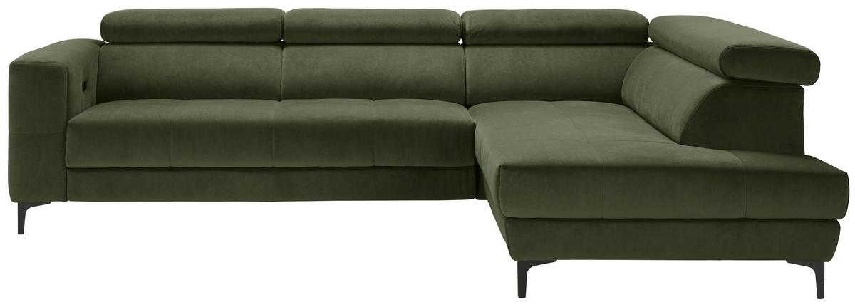 Rohová sedačka EMMA, pravá, oliv.zel.,op.hl.,USB,el.výsuv - černá/olivově zelená, Moderní, textil (301/210cm) - Premium Living