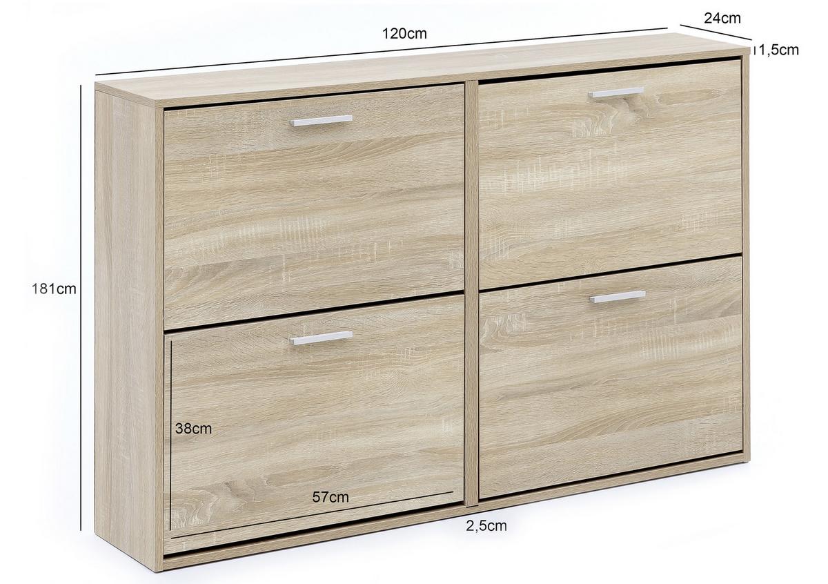 Schuhkipper 4 Klappen 24 Paar Eiche Dekor B: 120 cm - Sonoma Eiche, KONVENTIONELL, Holzwerkstoff (120/81/24cm) - MID.YOU