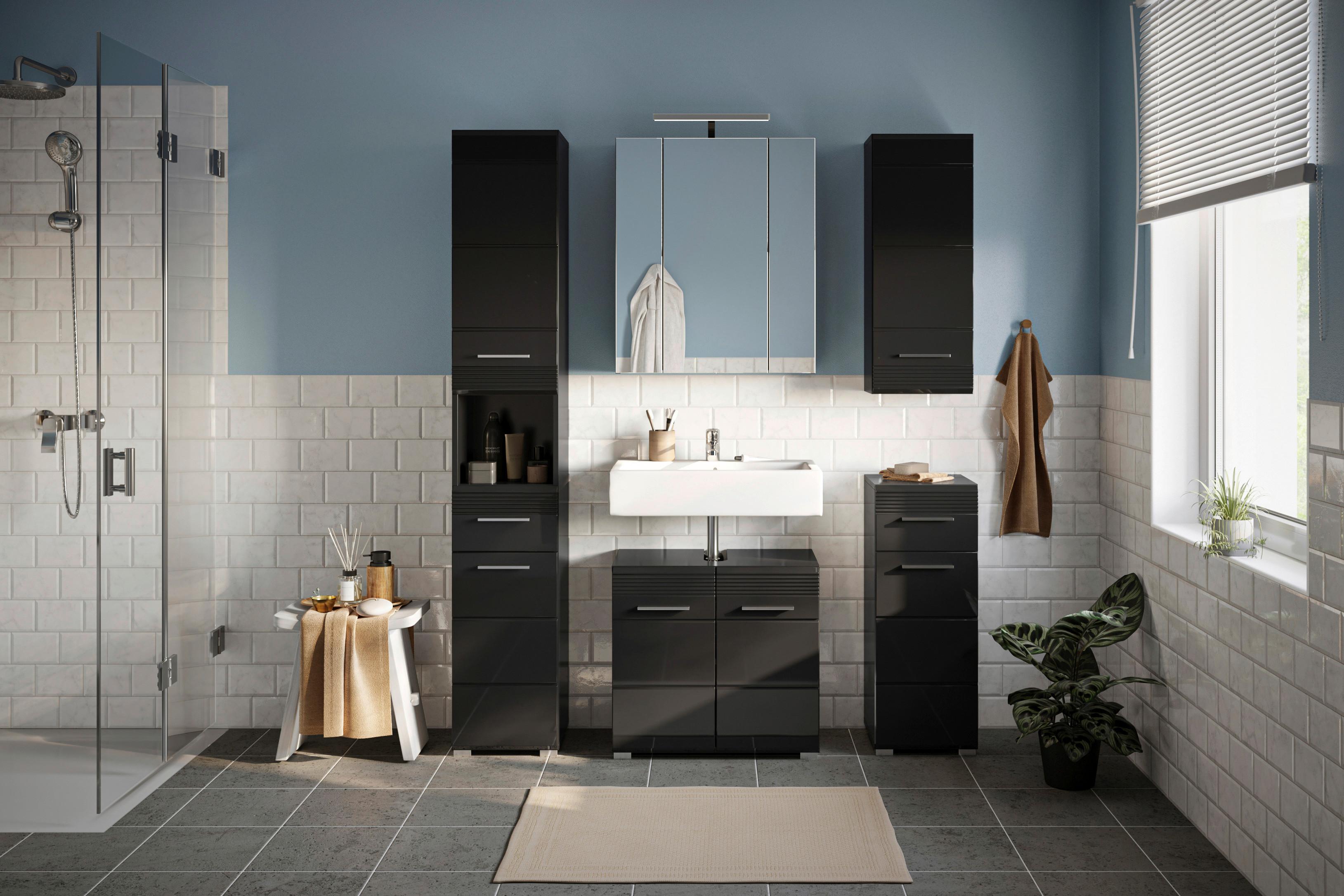 Badezimmer Linus Schwarz Hochglanz B:120 cm - Schwarz Hochglanz/Silberfarben, MODERN, Glas/Holzwerkstoff (120cm) - MID.YOU