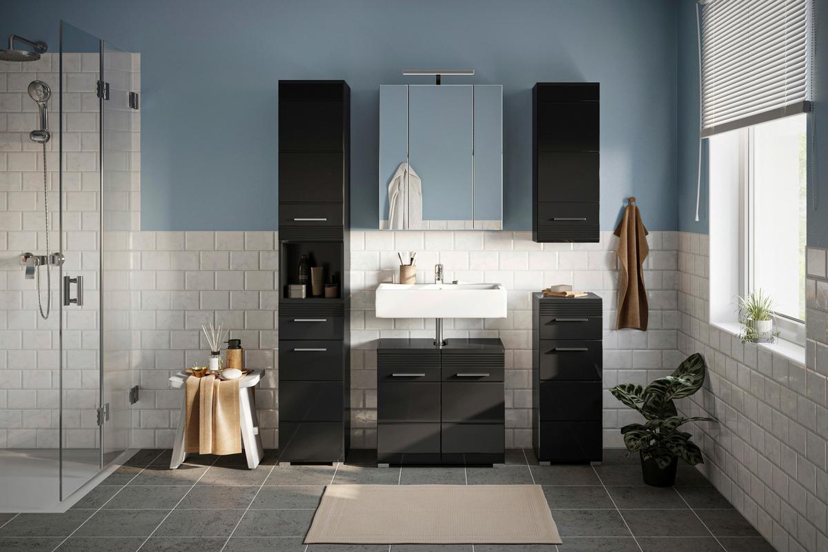 Badezimmer Linus Schwarz Hochglanz B:120 cm - Schwarz Hochglanz/Silberfarben, MODERN, Glas/Holzwerkstoff (120cm) - MID.YOU