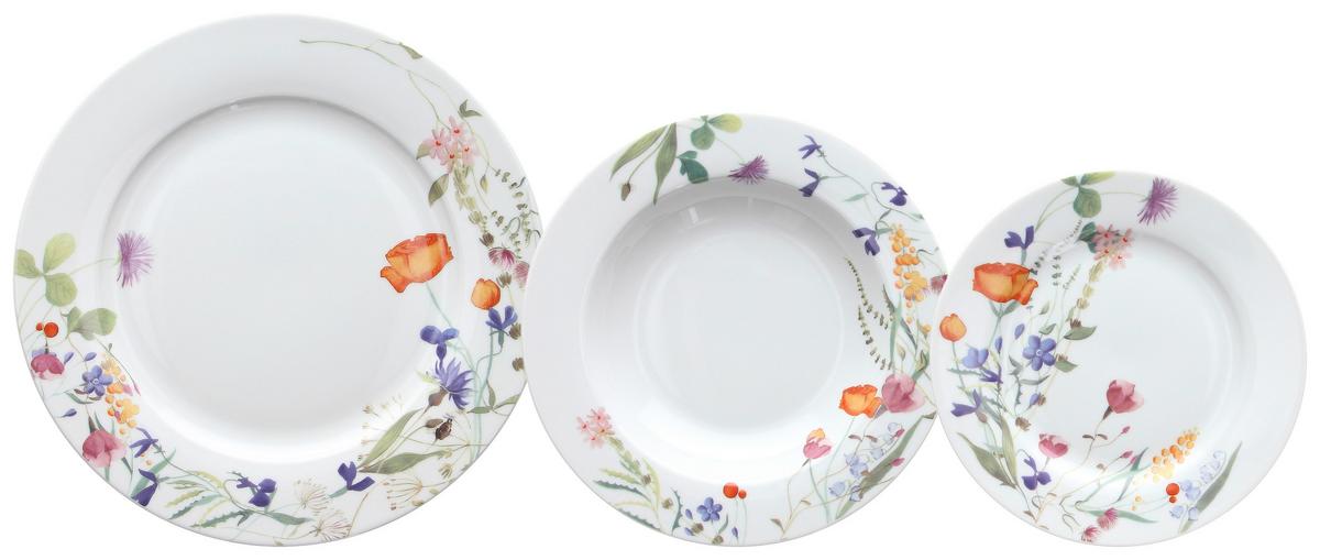 Achtzehnteiliges Tafelservice in Weiß mit farbenfrohen floralen Dekoren