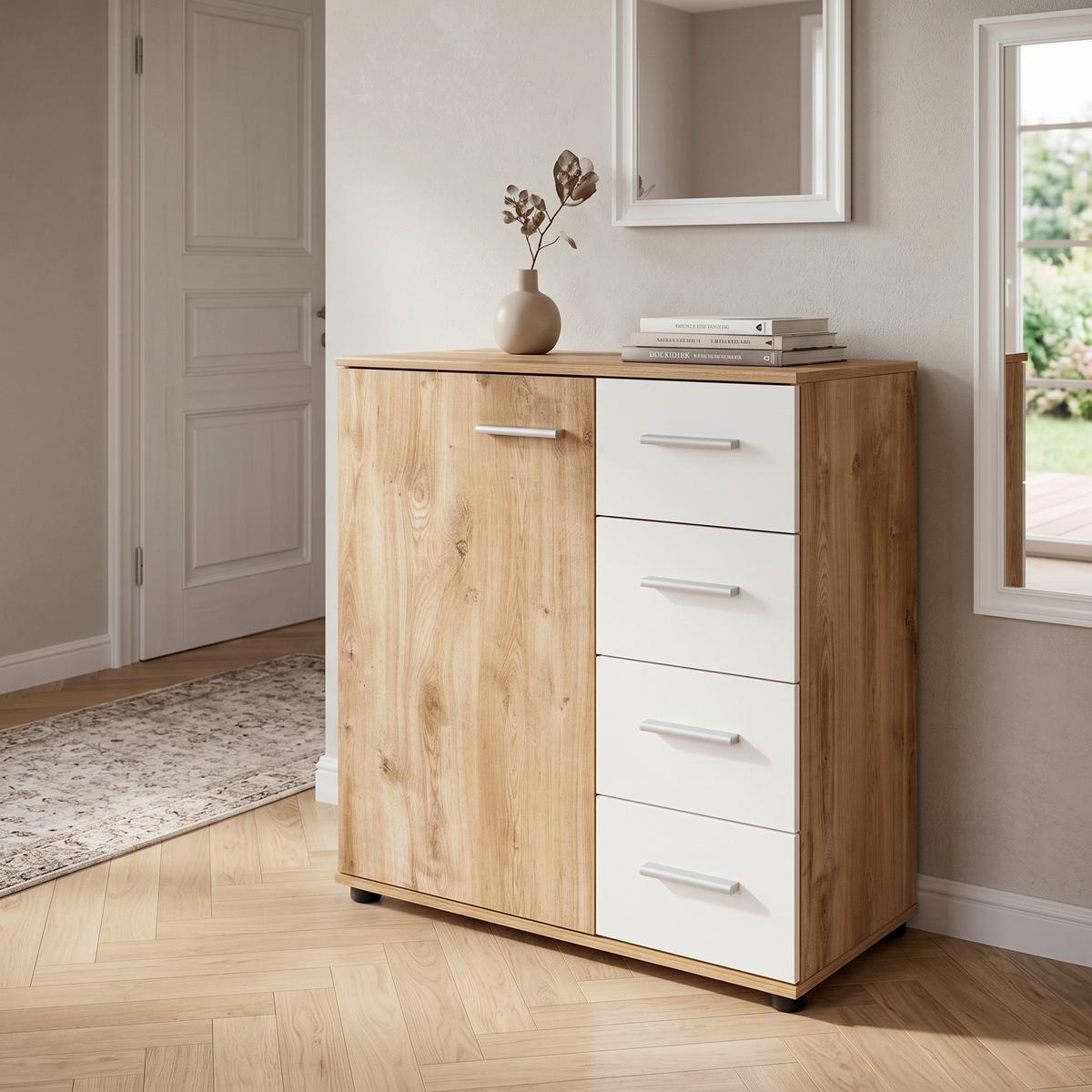 Kommode B 81cm Katrin Alpinweiß/ Balkeneiche Dekor - Eichefarben/Weiß, KONVENTIONELL, Holzwerkstoff (81/83/41cm)
