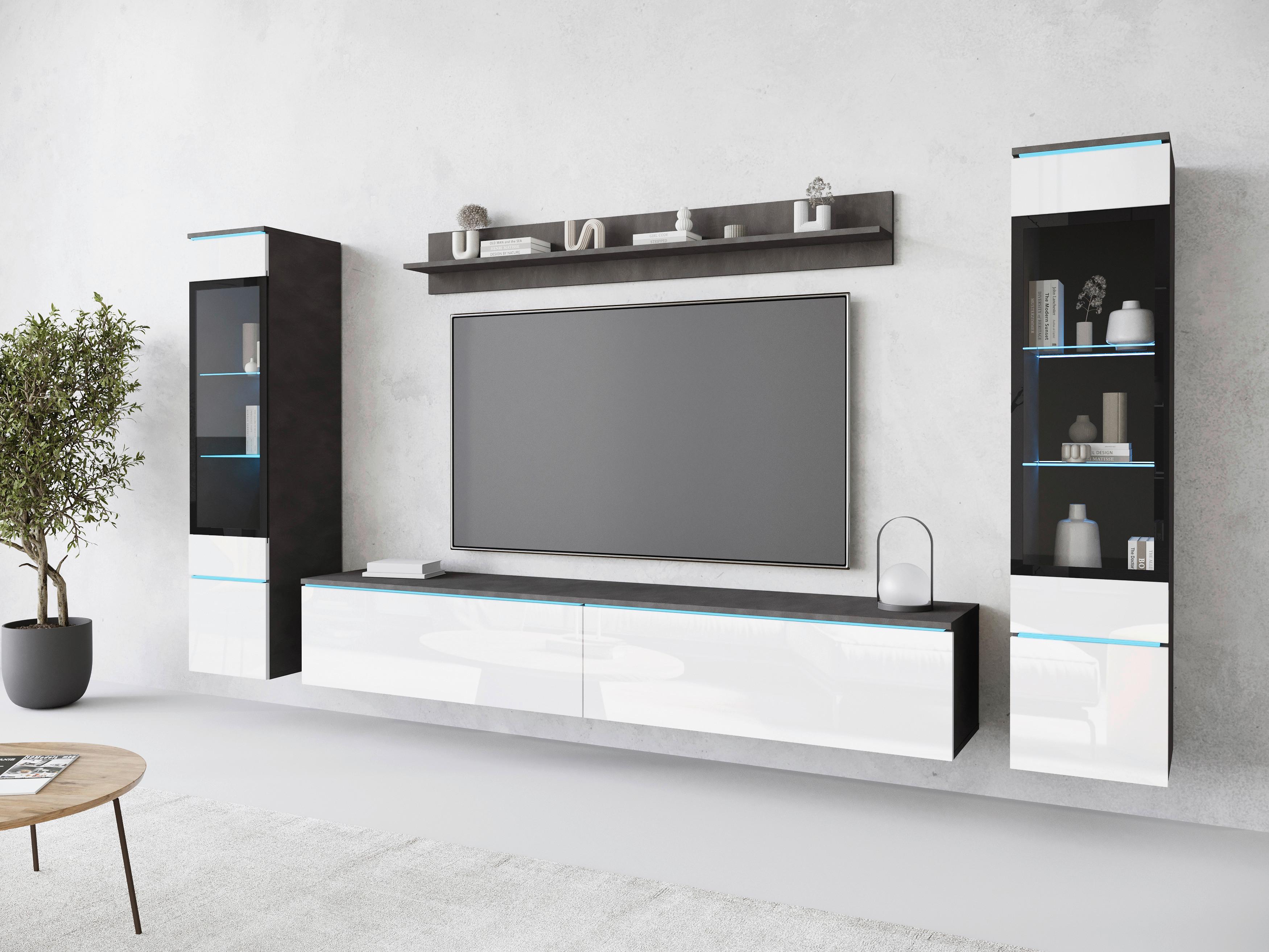 Obývacia stena VERA - sivá/biela s vysokým leskom, Design, kompozitné drevo/plast (240/130/33cm) - Livetastic