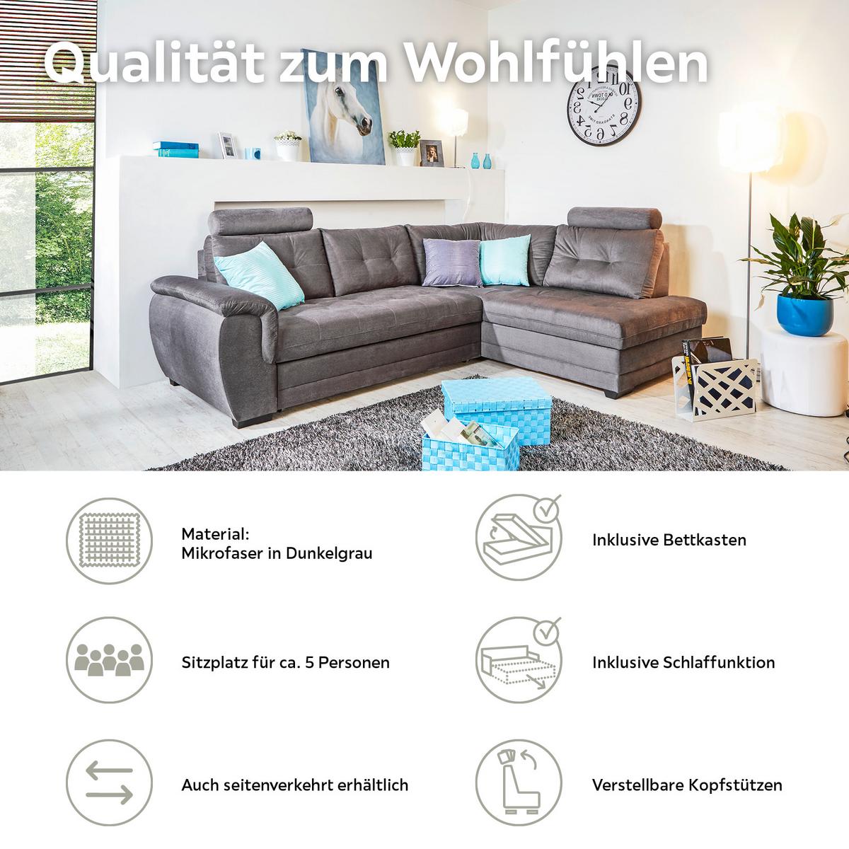 Ecksofa Mit Schlaffunktion + Bettkasten Falco, Webstoff - Dunkelgrau/Dunkelbraun, KONVENTIONELL, Textil (251/183cm) - Ondega