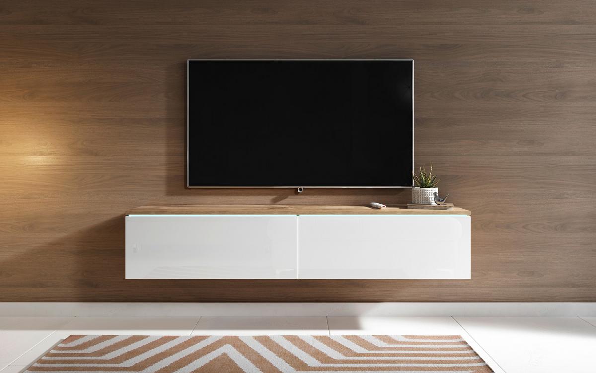 Nízka komoda s LED biela VL/dekor dub Wotan - sivá/biela s vysokým leskom, Lifestyle, kompozitné drevo/plast (140/30/33cm) - P & B
