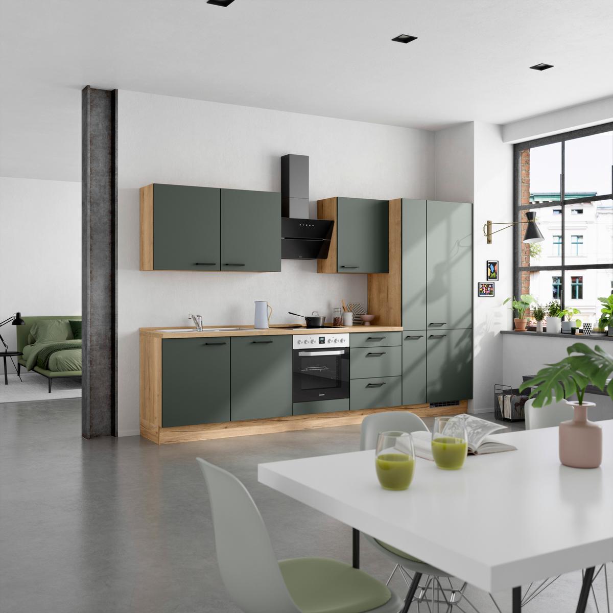 Küchenleerblock Easytouch High-Line, H11 Re. - Dunkelgrün/Eichefarben, MODERN, Holzwerkstoff (330cm) - Nobilia