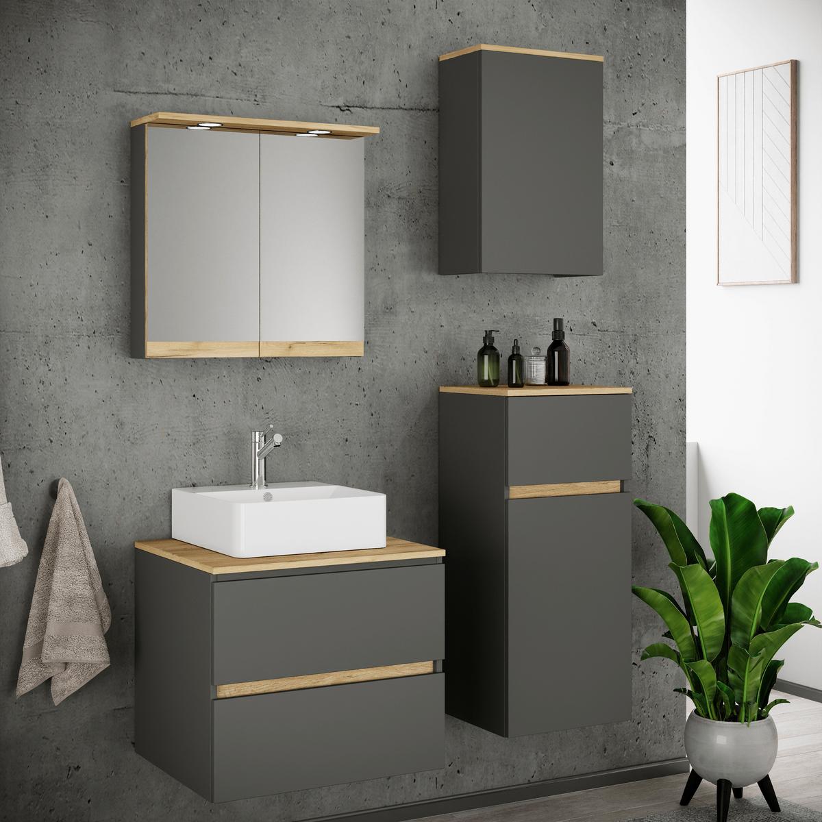Fürdőszobabútor Cosila - méztölgy színű/antracit, Trend, faalapú anyag/kerámia (100cm) - MID.YOU