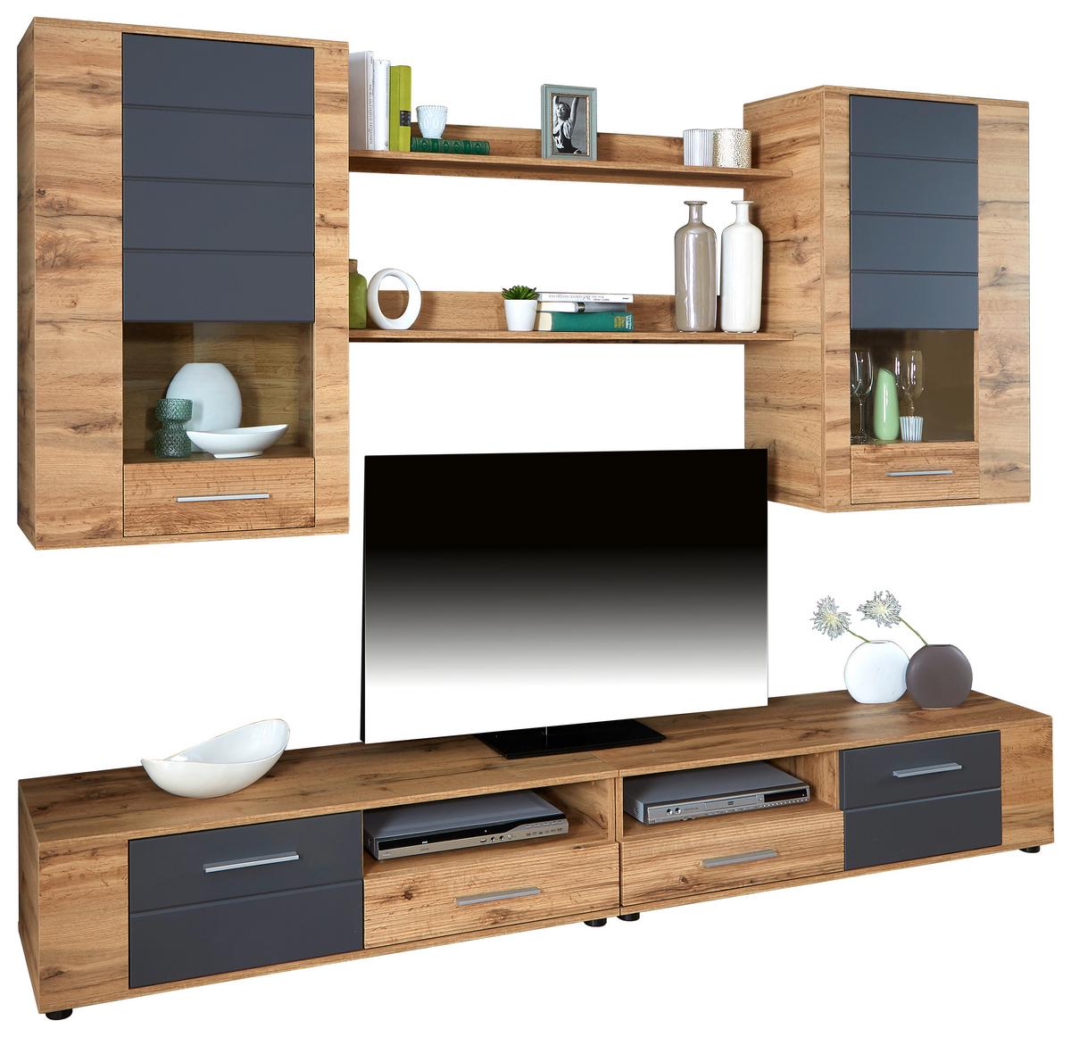 Wohnwand Modern 6-tlg. Mit Led Fargo, Wotan Eiche Dekor/grau - Eichefarben/Grau, MODERN (240/192/38cm)