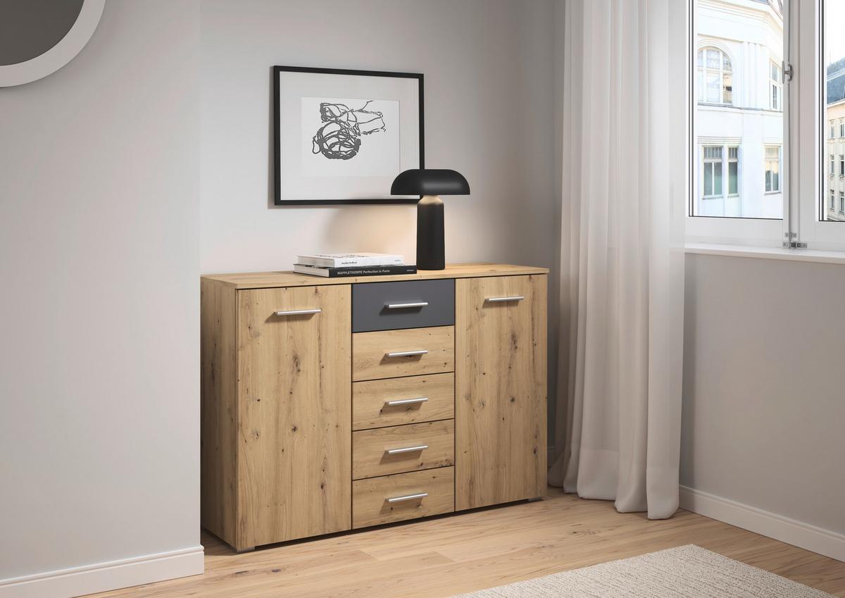 Kommode Foster Eiche Artisan Dekor, B: 120cm - Alufarben/Eiche Artisan, KONVENTIONELL, Holzwerkstoff (120/84/40cm)