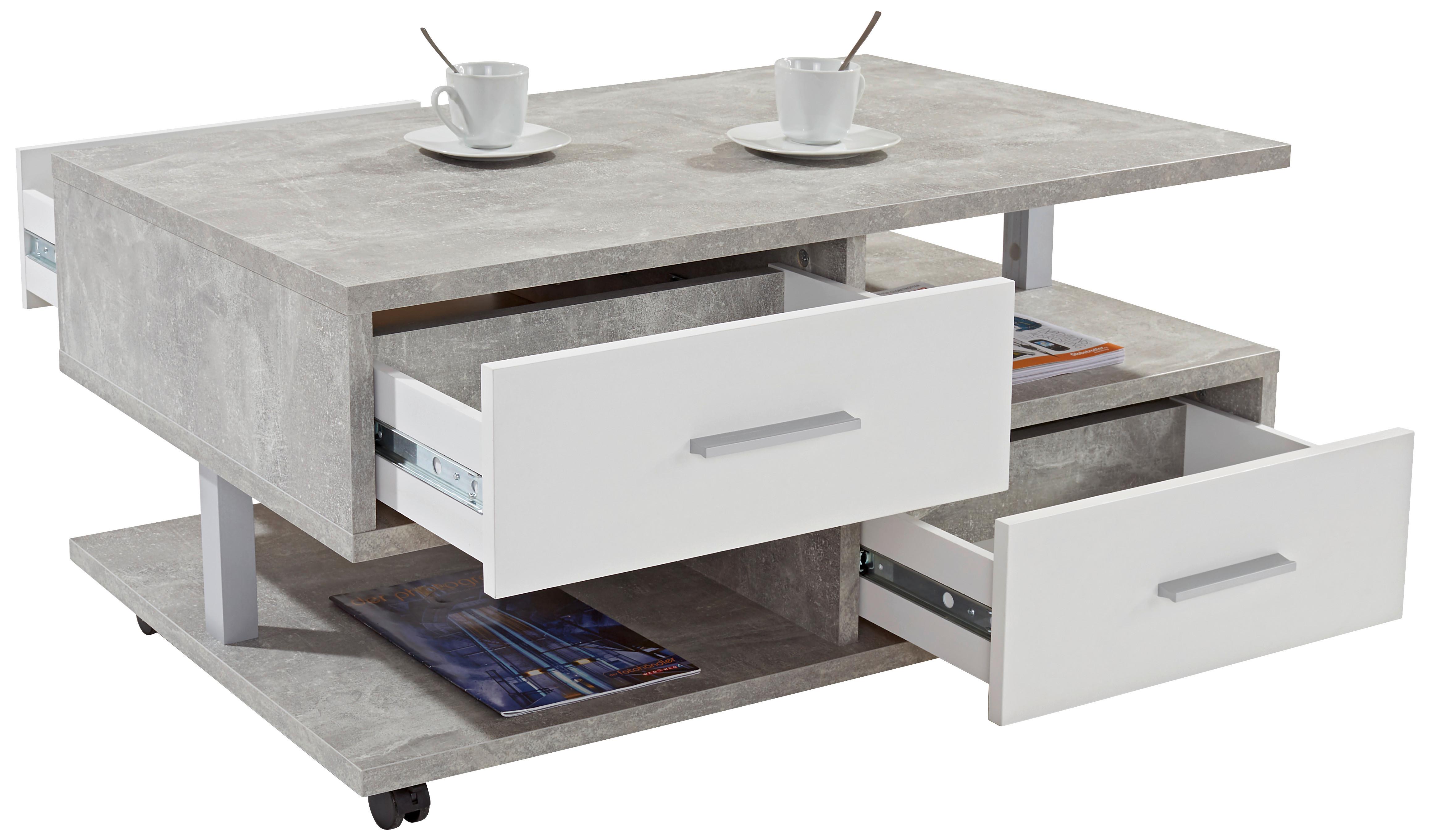Couchtisch Mit Stauraum + Rollen Quattro Betonoptik/weiß - Weiß/Grau, MODERN, Holzwerkstoff (105/45/60cm)