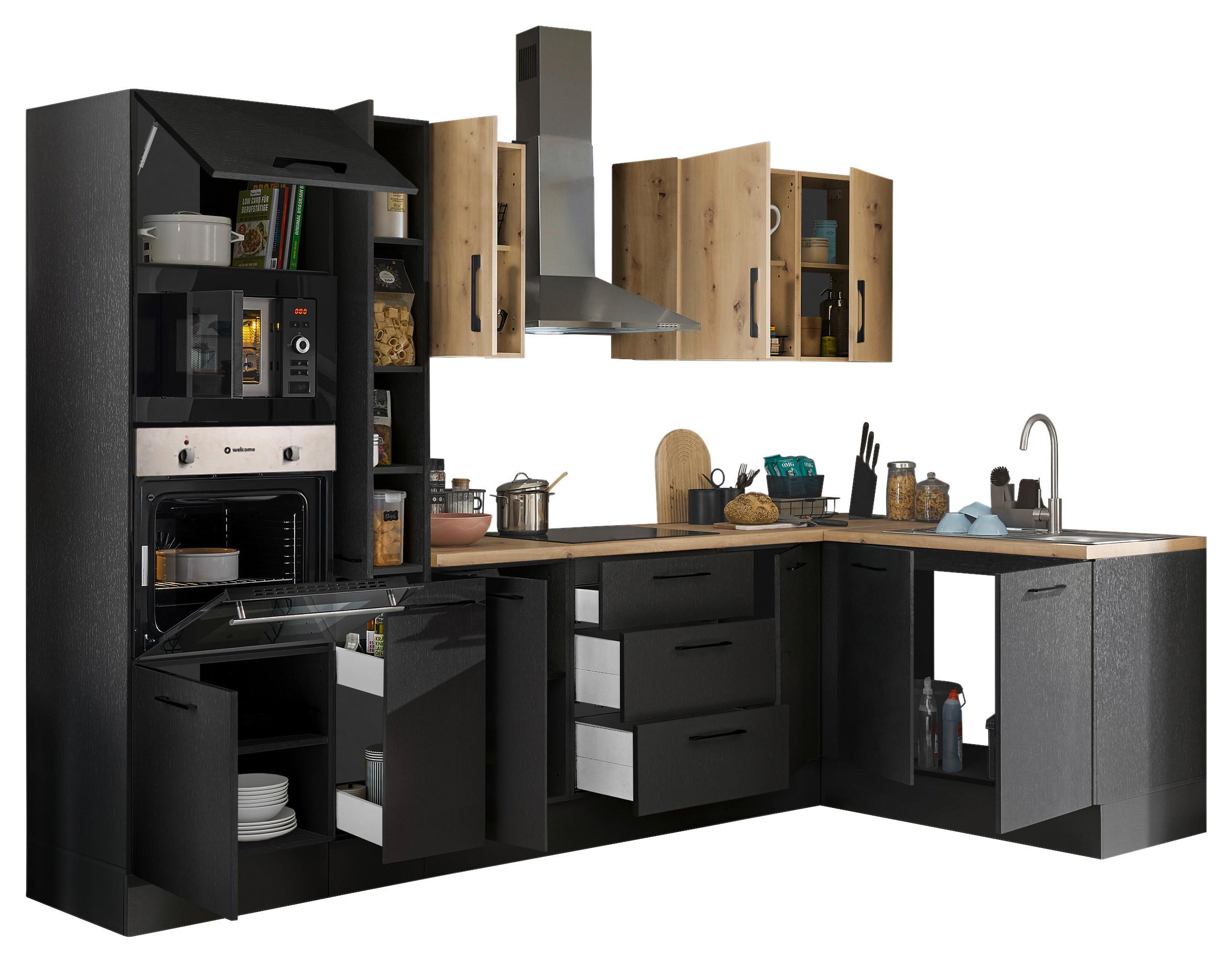 Eckküche Turin Schwarz/Eiche Dekor 300x165 cm - Schwarz/Eiche Artisan, Basics, Holzwerkstoff (300/165cm) - MID.YOU