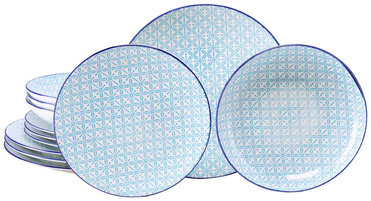 Tafelservice Keramik, Weiß/Blau, 12--Teilig. - Weiß/Hellblau, Basics, Keramik - Creatable