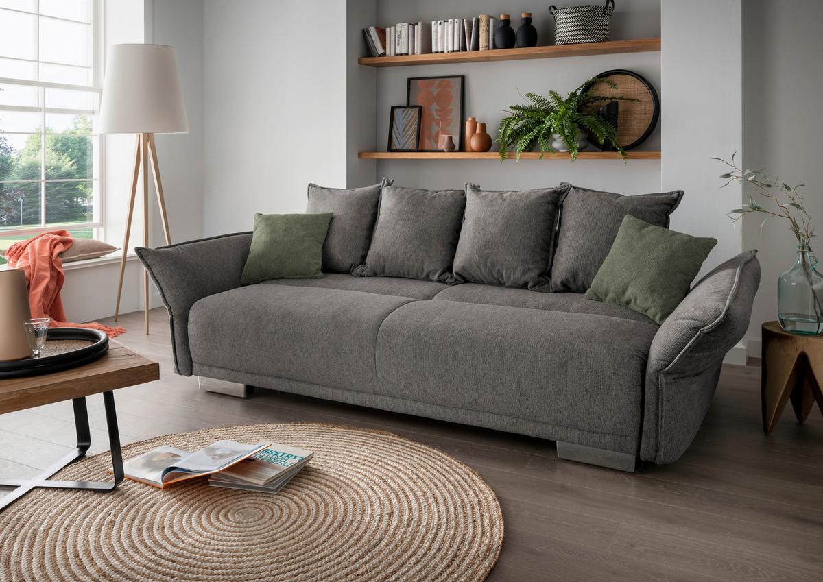 Bigsofa Pera, Graubraun B: 242 cm - Chromfarben/Dunkelgrün, MODERN, Textil (242/71/90/131cm) - Livetastic