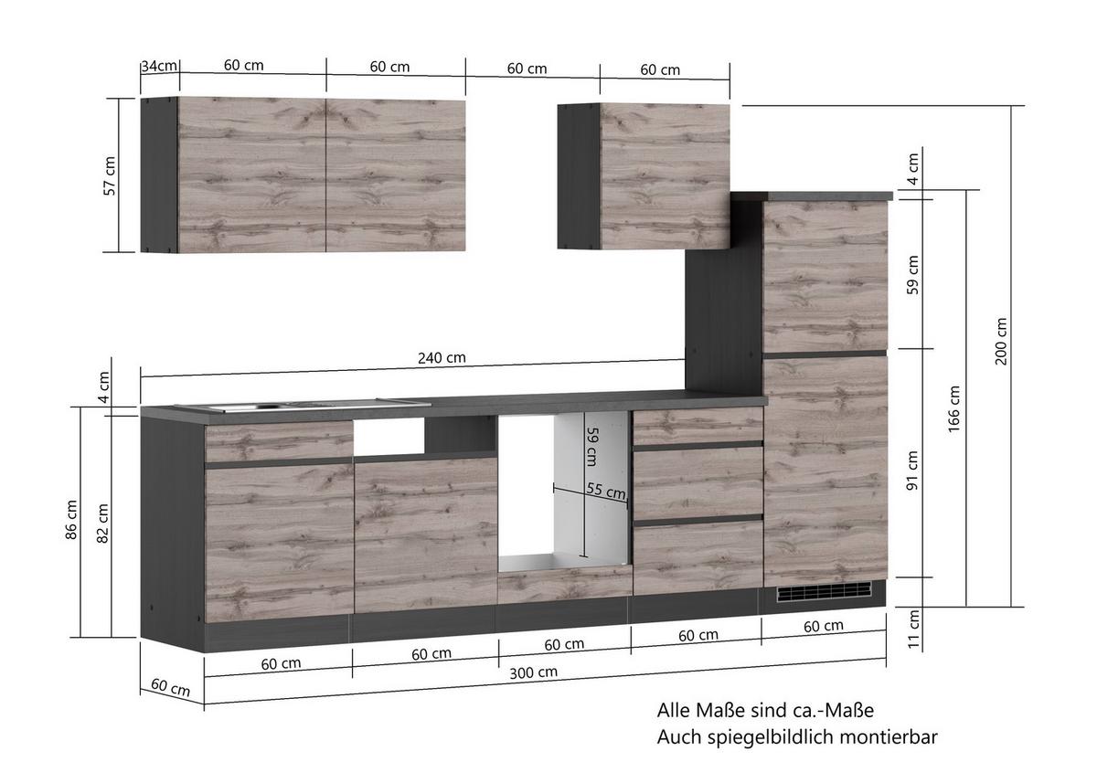 Küchenzeile Turin ohne Geräte B: 300cm Grau/Wotaneiche Dekor - Eiche Wotan/Grau, Design, Holzwerkstoff (300cm) - Held