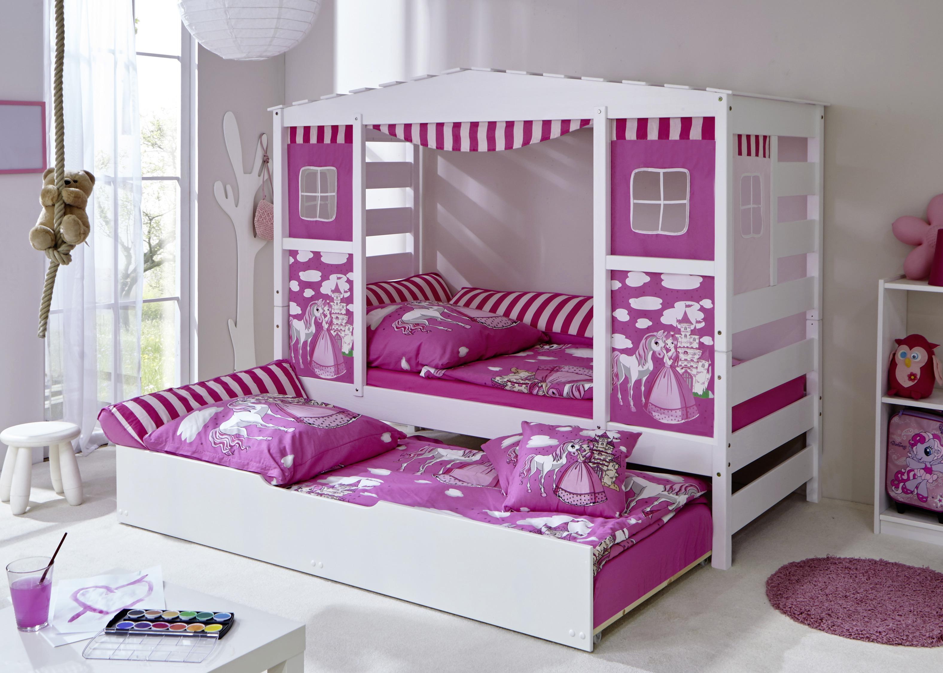 Posteľ v tvare domčeka LIO záves ružový - pink/biela, Modern, drevo (90/200cm) - MID.YOU