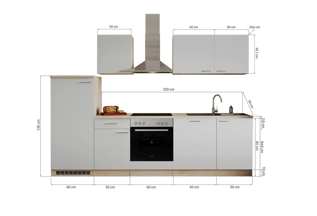 Küchenzeile Economy m. Geräten 280 cm Weiß/Eiche Dekor modern - Eichefarben/Weiß, Basics, Holzwerkstoff (280cm) - Respekta