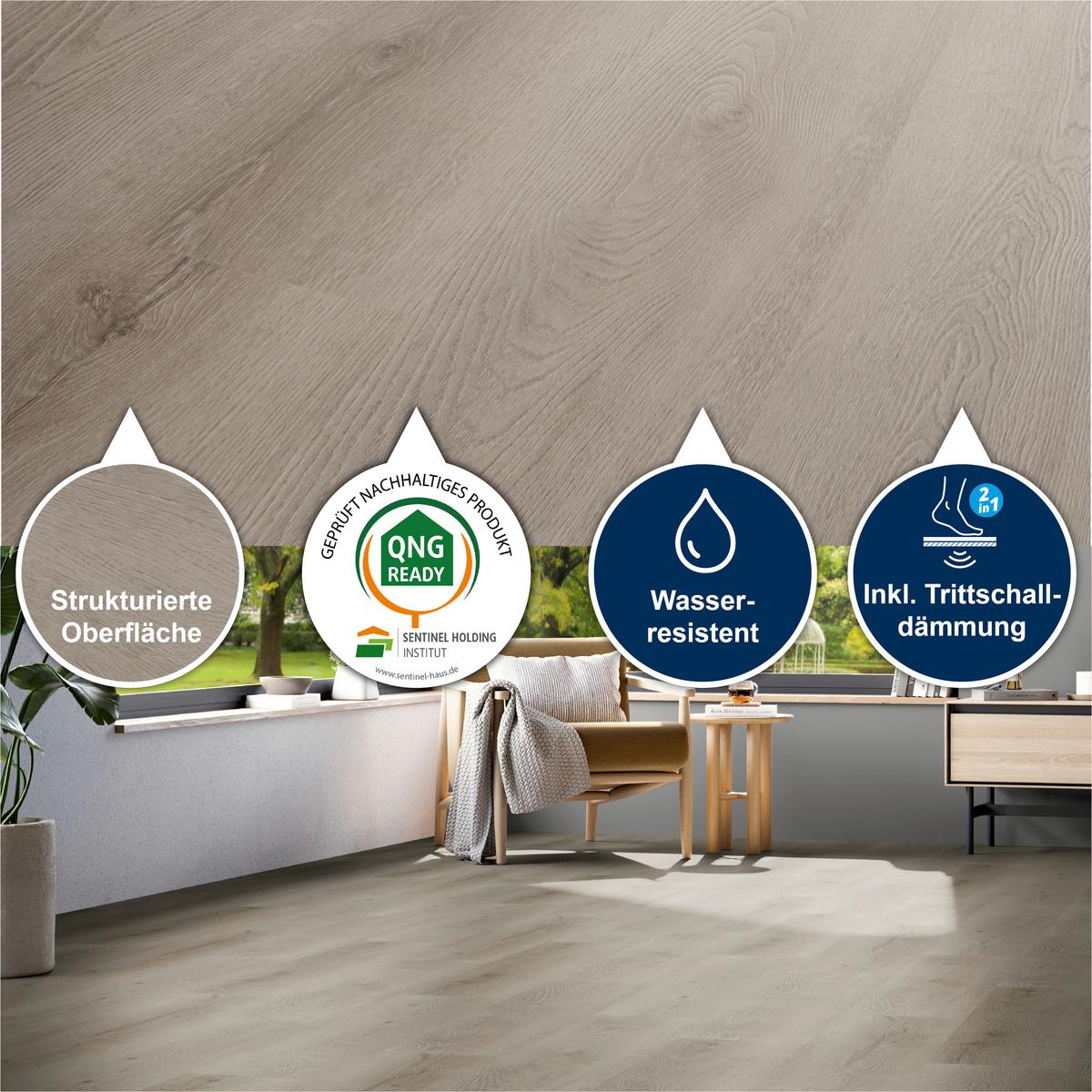 Designboden Eichefarben/Grau /Hellbraun Landhausdiele Stärke 4,8mm - Hellbraun/Eichefarben, Basics, Kunststoff (122/23/0.48cm)