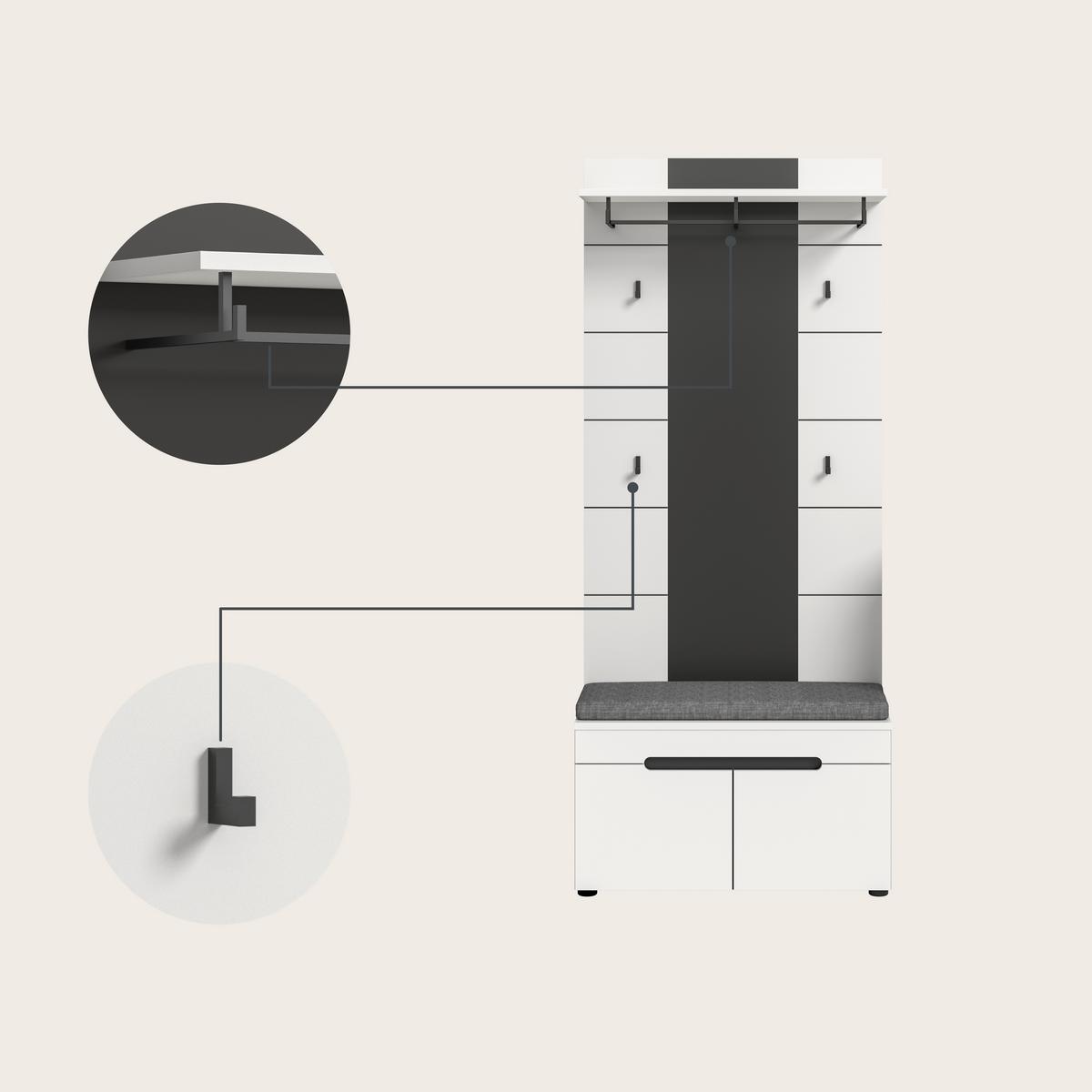 Garderobe Canu 3-Teilig Grau/Weiß B: 160 cm - Weiß/Grau, Basics, Holzwerkstoff (160/190/37cm) - Livetastic