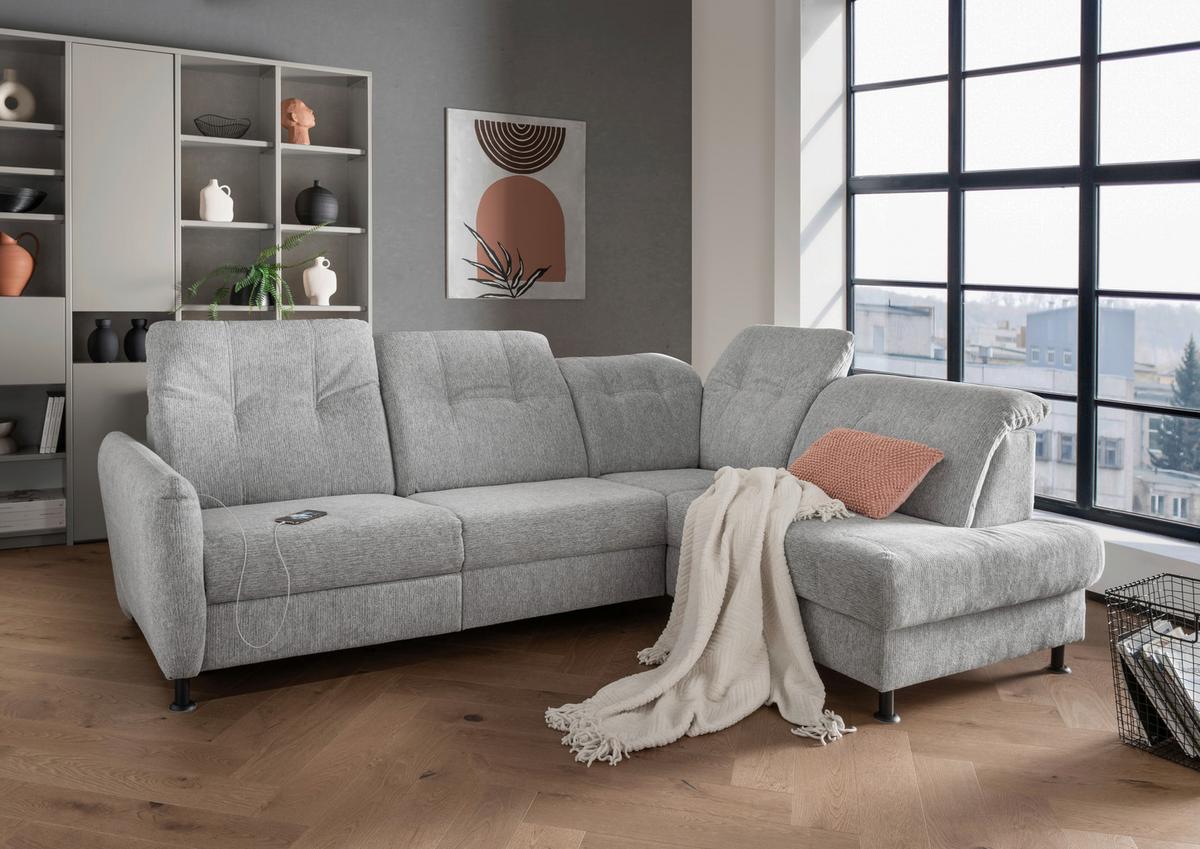 Ecksofa Minori Chenille Silberfarben, S: 270x198 cm - Silberfarben/Schwarz, MODERN, Textil (270/198cm) - Livetastic