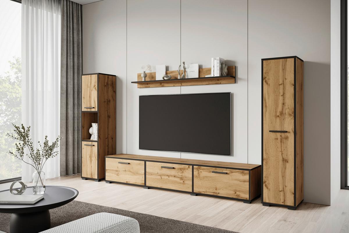 Wohnwand 4 -Teilig. Bogota XL Wotan Eiche Dekor - Eiche Wotan/Schwarz, Basics, Holzwerkstoff (240/130/31cm) - MID.YOU