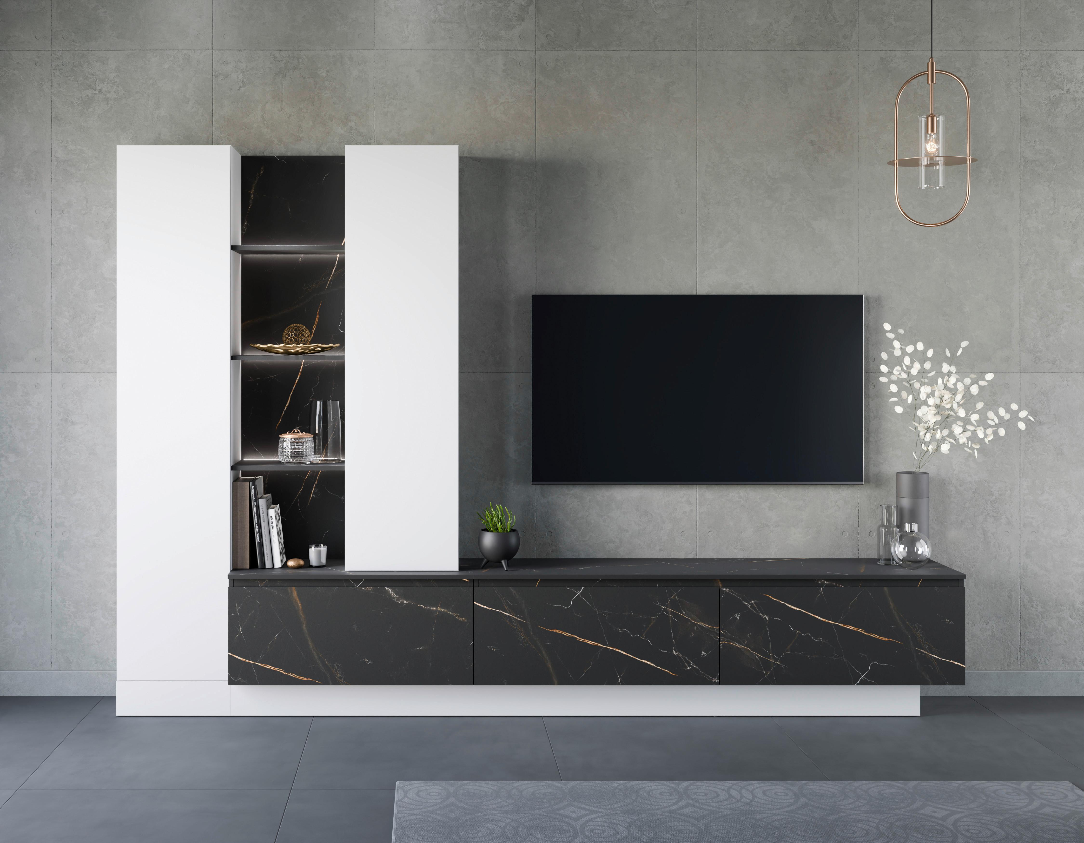 Wohnwand Modesto B: 295 cm Weiss/Schwarz Marmoroptik - Schwarz/Weiß, MODERN, Holzwerkstoff (295/200,5/40cm) - Livetastic