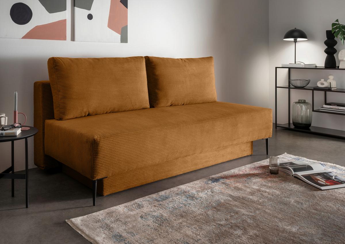Schlafsofa Petri Goldfarben Cord, Rücken Echt B: 198 cm - Goldfarben/Schwarz, MODERN, Textil (198/90/100cm) - Livetastic
