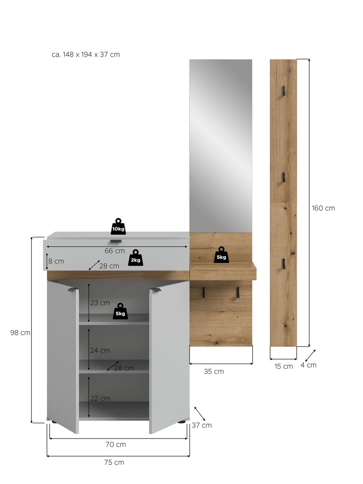 Garderobe Naro Grau /Eiche dunkel Dekor B: 148cm - Eiche dunkel/Grau, Design, Holzwerkstoff (148/194/37cm) - Livetastic